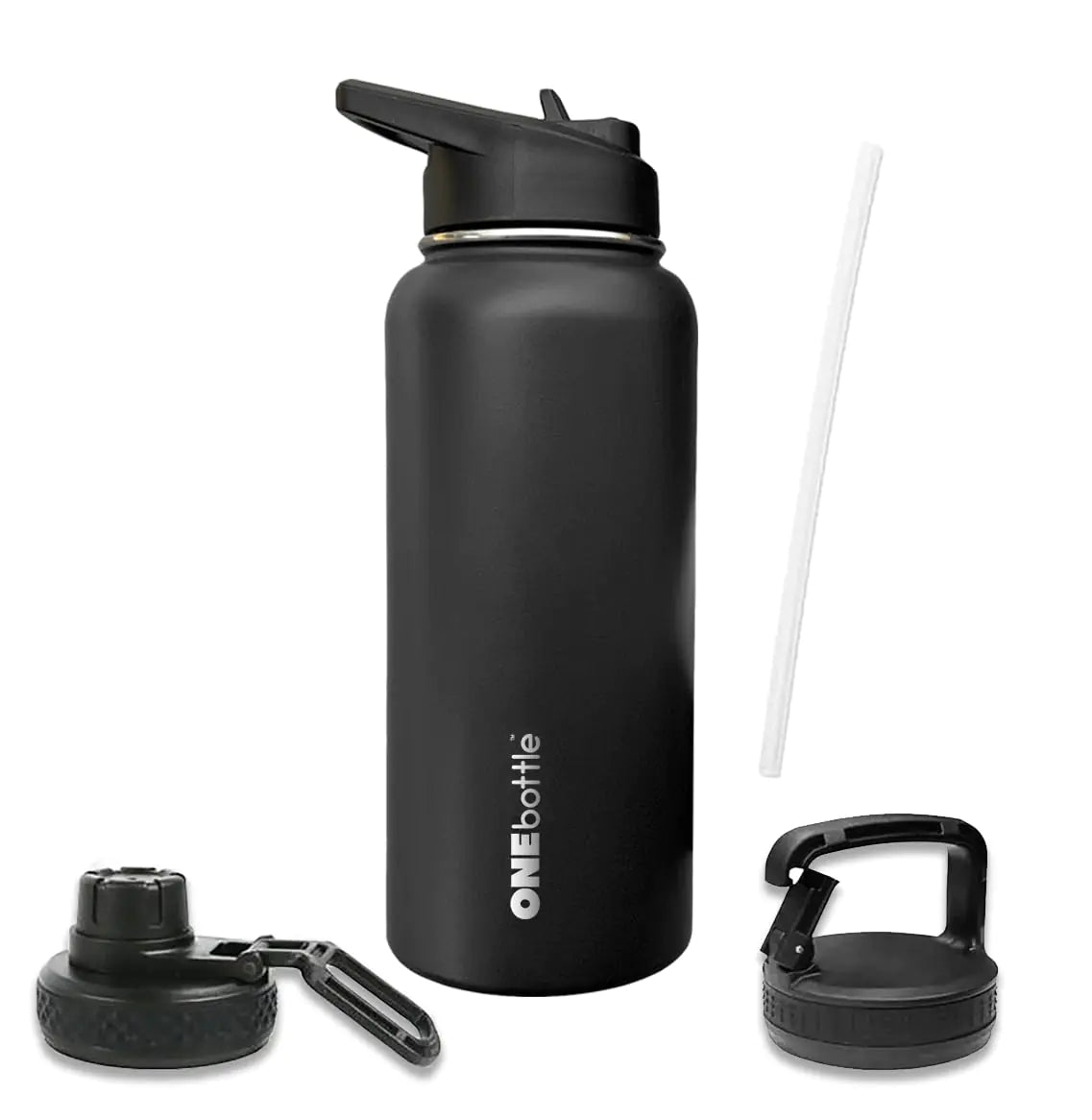 Triple Insulated Water Bottle - Includes 3 Lids (Straw Lid Spout Carabiner) Leakproof - 32 oz Water Bottles Black 1 liter metal water bottle - by ONEbottle