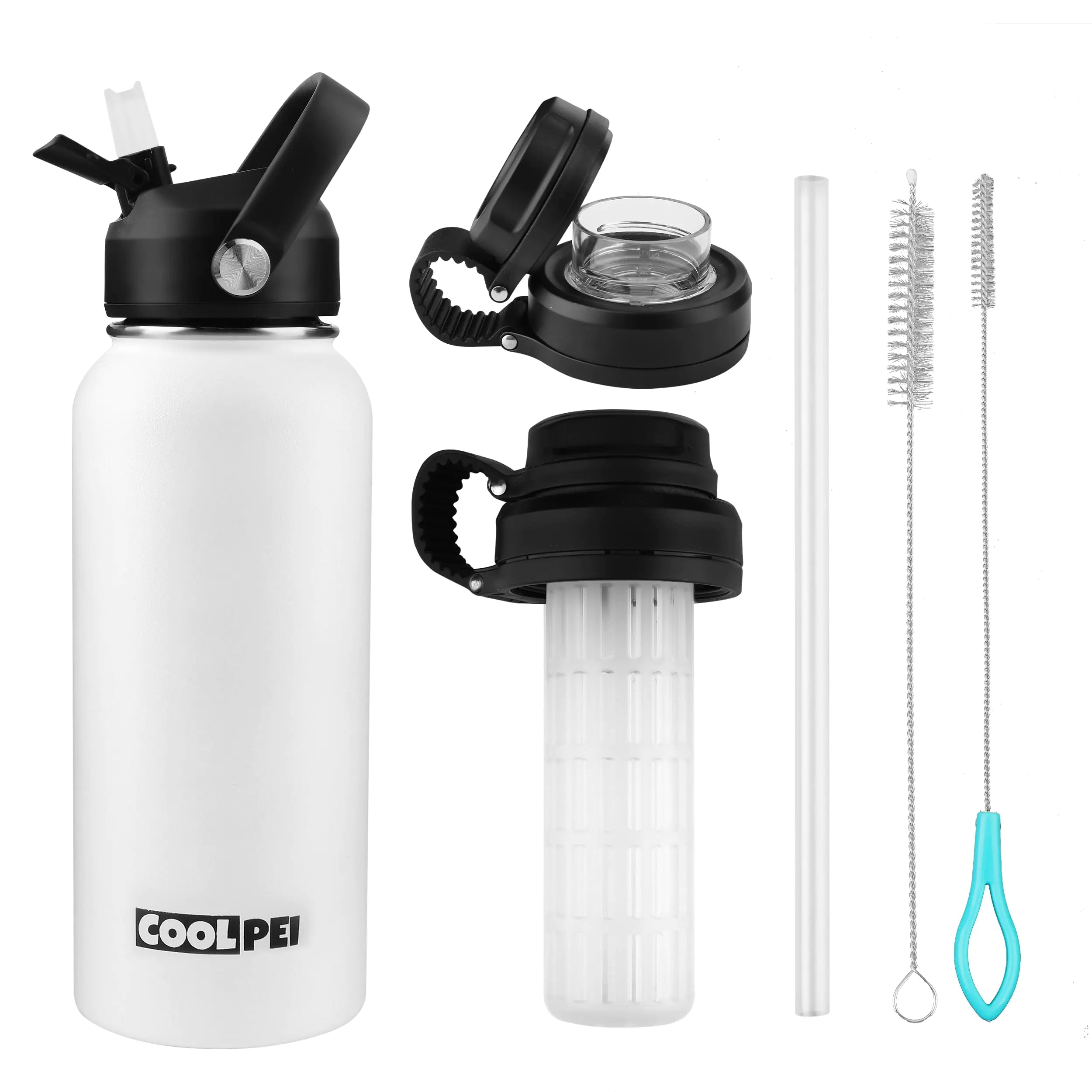 Fruit Tea Infuser Bottle Stainless Steel Travel Water Bottle with Infuser & Tea Strainer Filter Insulated Tea Bottles with Straw & 2 Lids 32oz Thermal Cup Vacuum Insulation bottle for Hot Cold Drinks