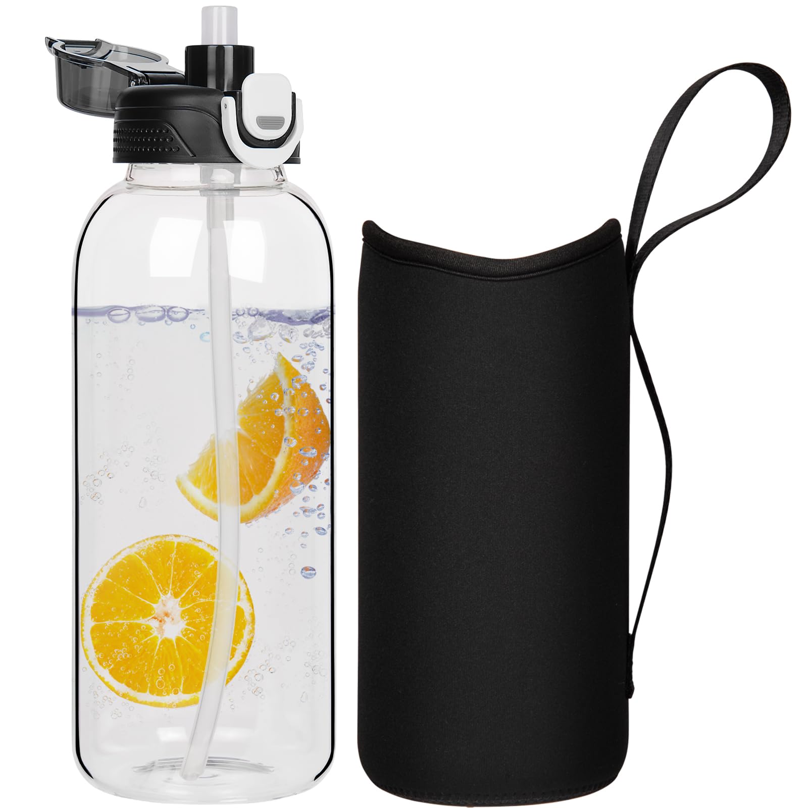 DEARRAY 48 oz Sports Glass Water Bottle with Straw & Neoprene Sleeve BPA free Large Glass Drinking Bottle for Gym Travel Smoothie