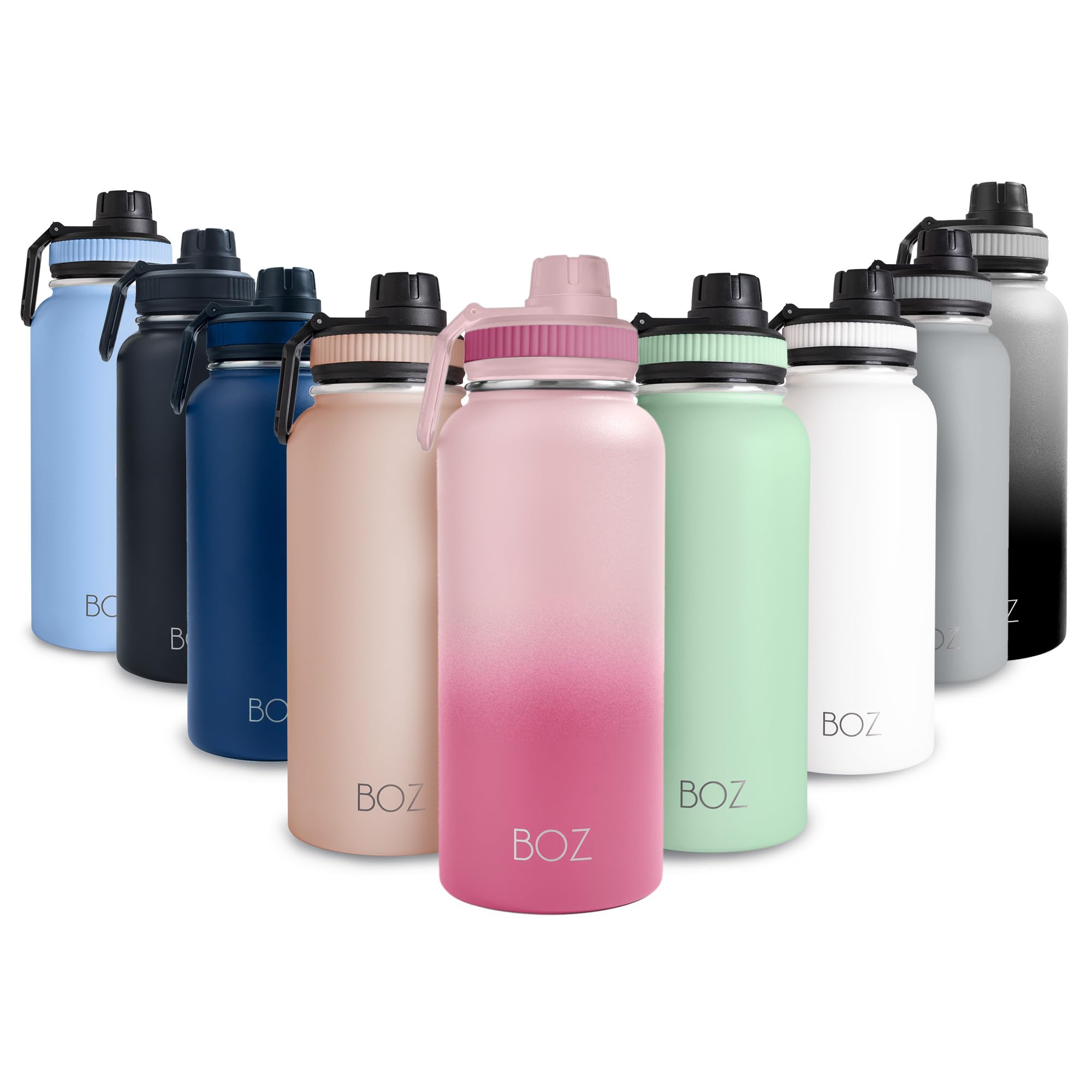 BOZ Stainless Steel Water Bottles 2 Pack Bundle - Pink Water Bottle + Green Water Bottle - Vaccum Insulated Water Bottles 32 Oz - Wide Mouth BPA Free Sport Water Bottles for Gym with Spout Lid