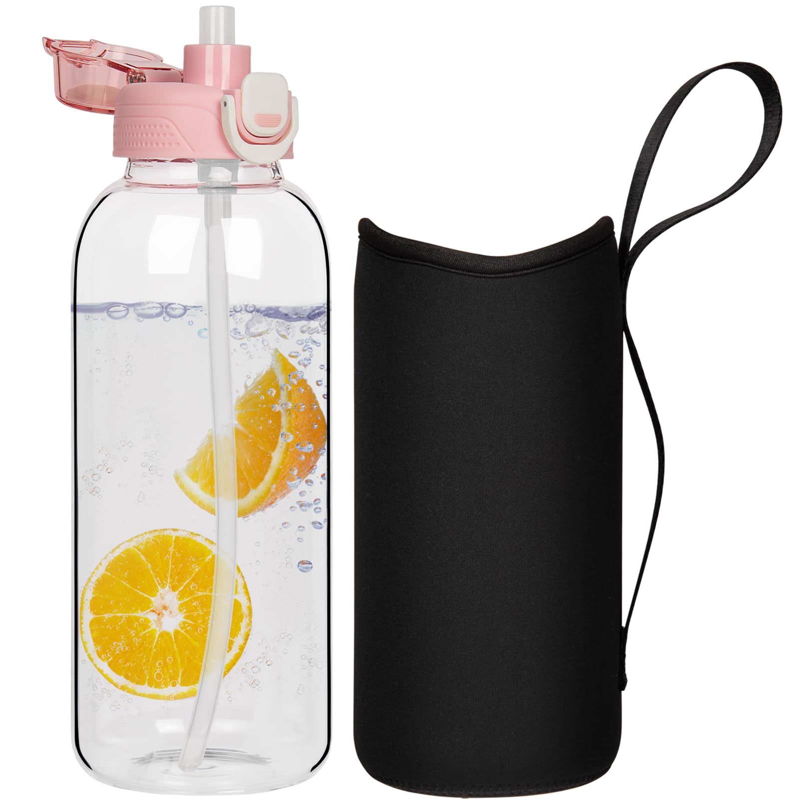 DEARRAY 48 oz Sports Glass Water Bottle with Straw & Neoprene Sleeve BPA free Large Glass Drinking Bottle for Gym Travel Smoothie
