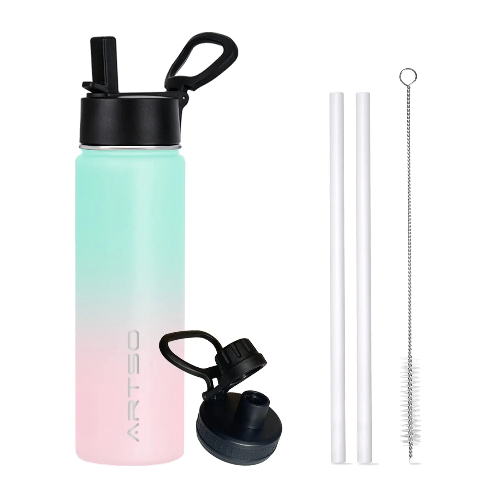 ARTSO 24oz Stainless Steel Insulated Water Bottle with Straw & Two LidsDouble Walled Vacuum Insulated Leak Proof Hot Cold Water Bottles Green/Pink Gradient