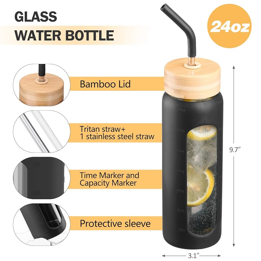 NOLOGLAZIC Glass Water Bottles with Straw -32oz- Water Bottle Phone Holder for Gym Large Motivational Water Bottle with Time Marker Glass Drinking Bottles 2 Lids - Spout & Bamboo Straw Lid(Purple)
