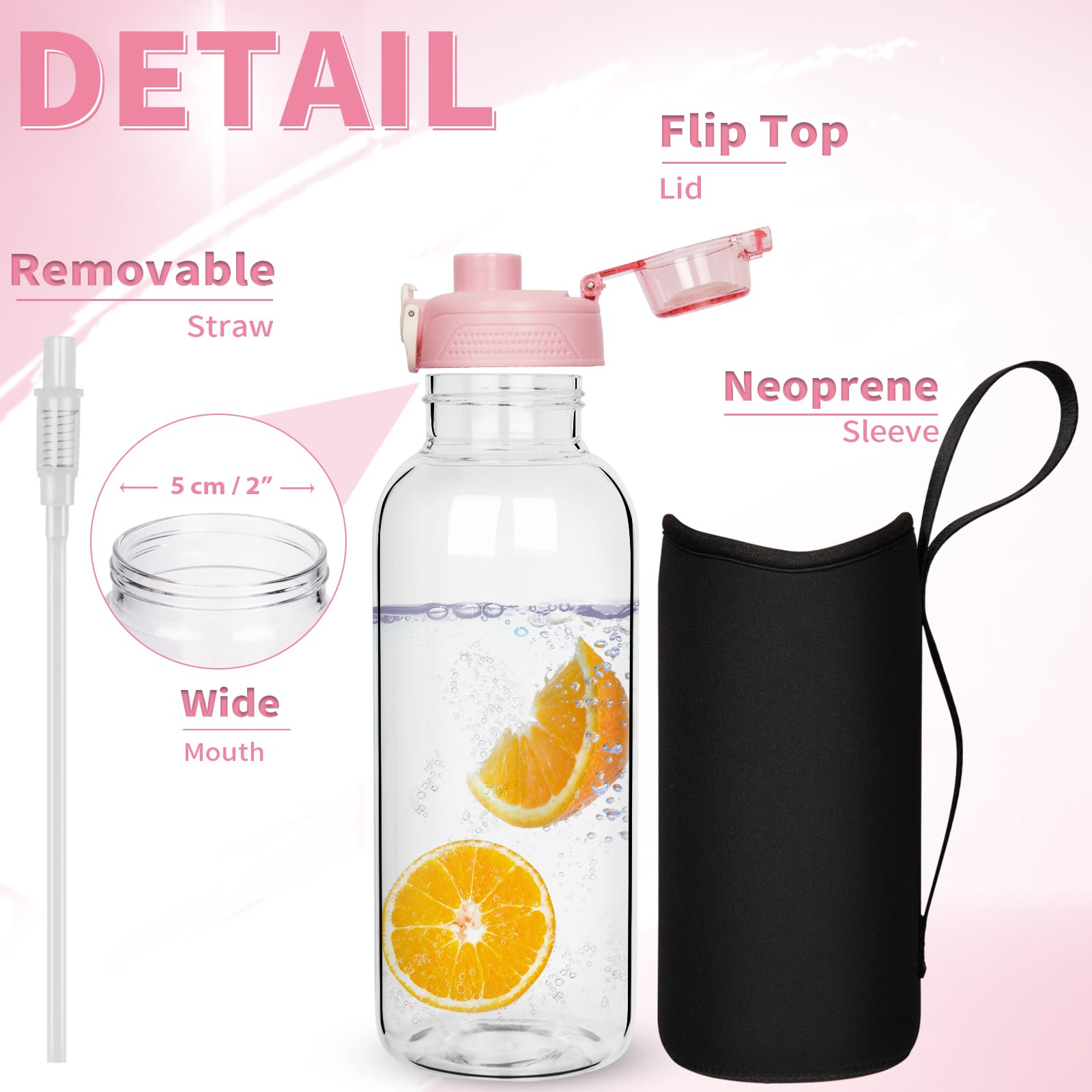 DEARRAY 48 oz Sports Glass Water Bottle with Straw & Neoprene Sleeve BPA free Large Glass Drinking Bottle for Gym Travel Smoothie