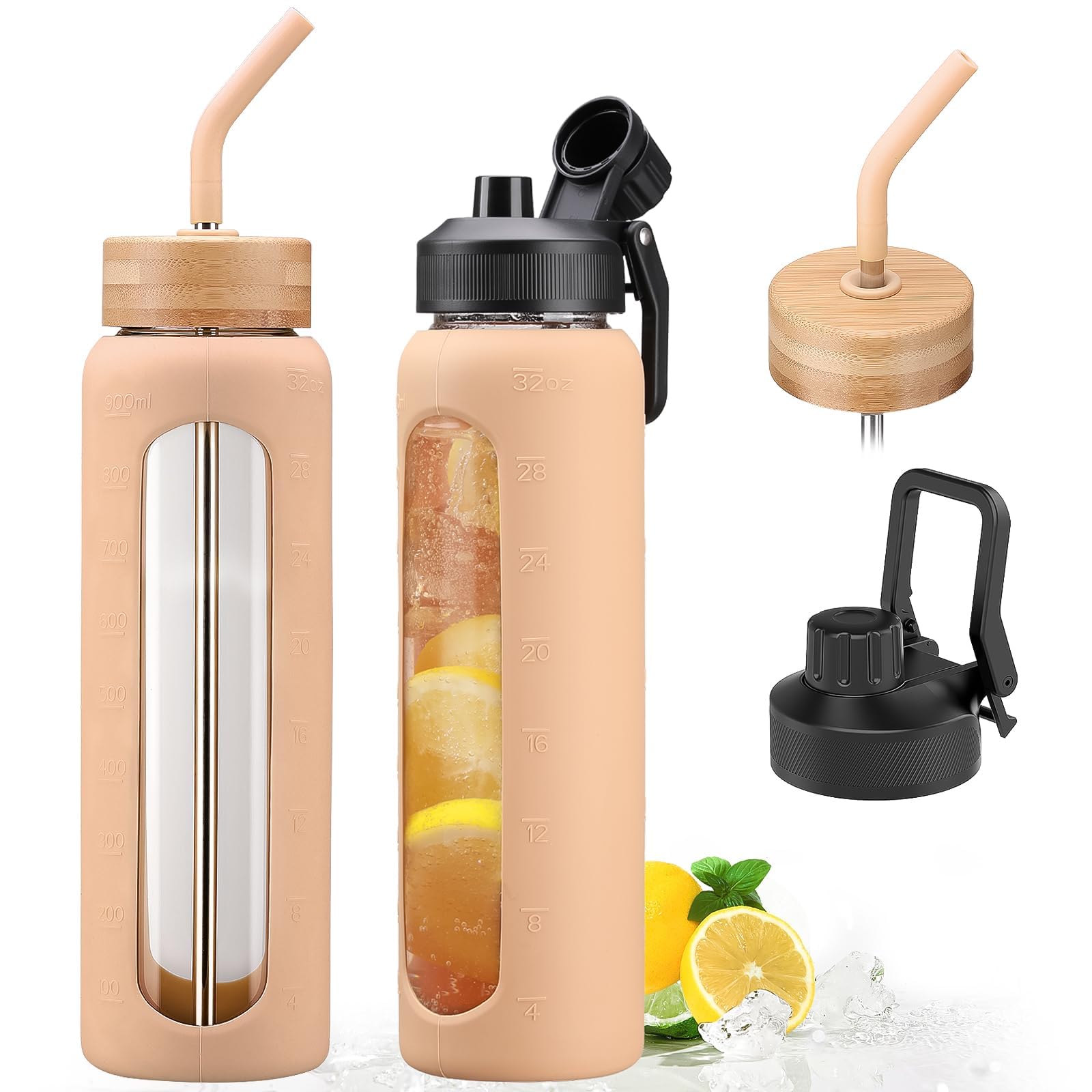NOLOGLAZIC Glass Water Bottles with Straw -32oz- Water Bottle Phone Holder for Gym Large Motivational Water Bottle with Time Marker Glass Drinking Bottles 2 Lids - Spout & Bamboo Straw Lid(Purple)