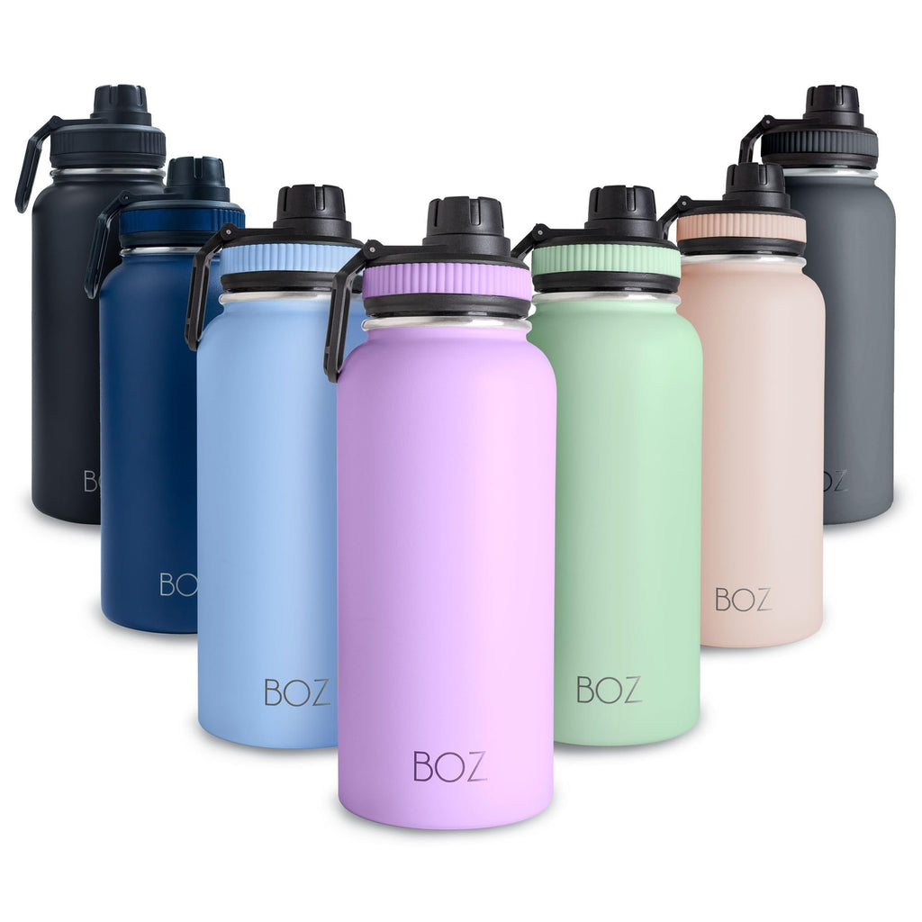 BOZ Stainless Steel Water Bottles 2 Pack Bundle - Pink Water Bottle + Green Water Bottle - Vaccum Insulated Water Bottles 32 Oz - Wide Mouth BPA Free Sport Water Bottles for Gym with Spout Lid