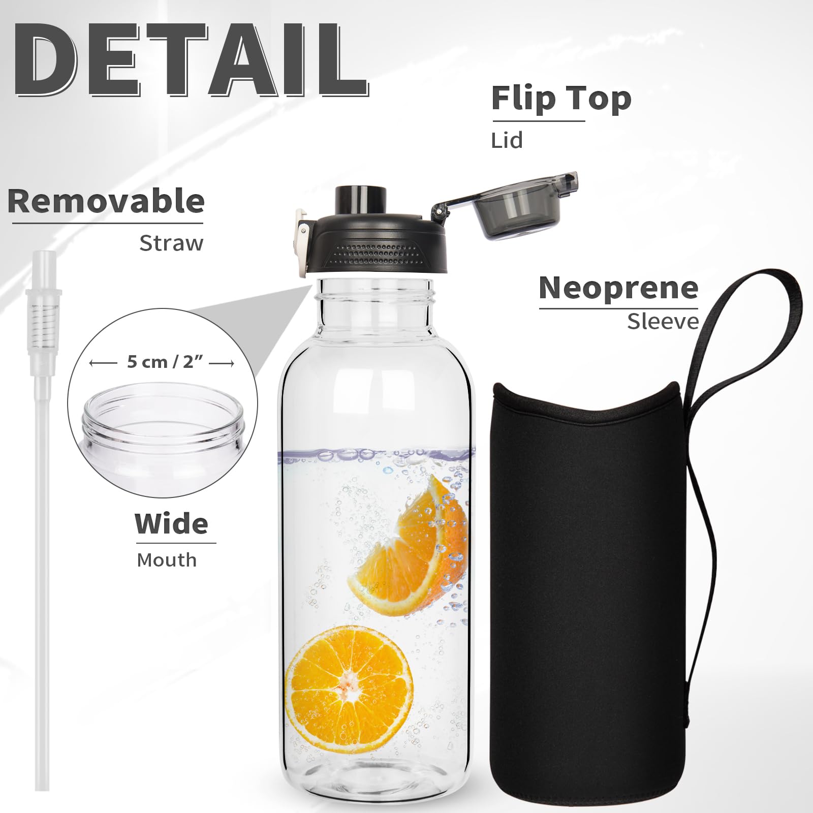 DEARRAY 48 oz Sports Glass Water Bottle with Straw & Neoprene Sleeve BPA free Large Glass Drinking Bottle for Gym Travel Smoothie