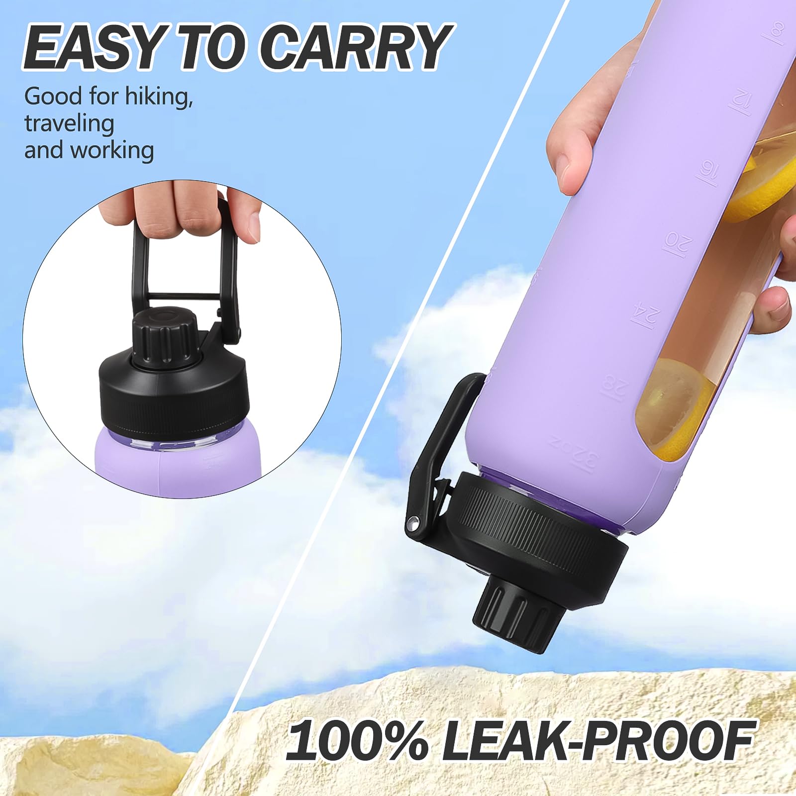 NOLOGLAZIC Glass Water Bottles with Straw -32oz- Water Bottle Phone Holder for Gym Large Motivational Water Bottle with Time Marker Glass Drinking Bottles 2 Lids - Spout & Bamboo Straw Lid(Purple)