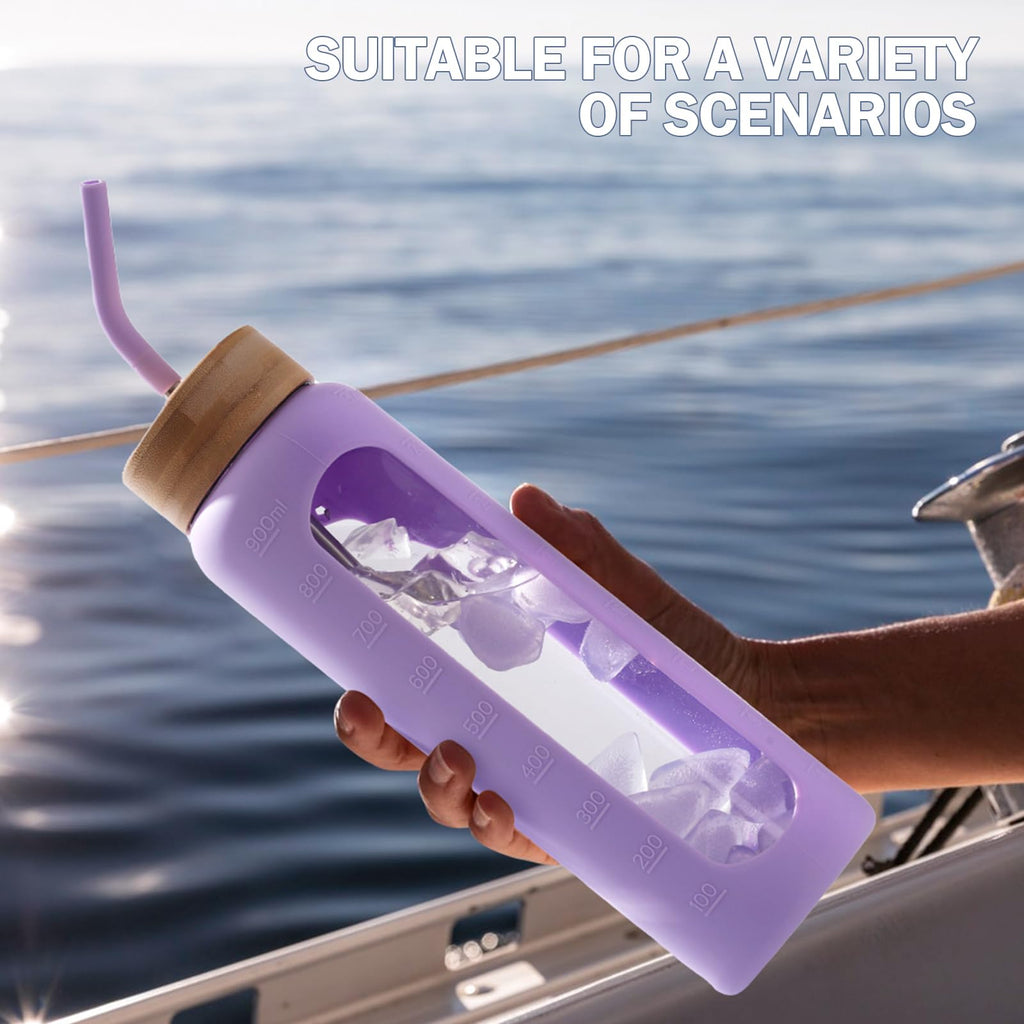 NOLOGLAZIC Glass Water Bottles with Straw -32oz- Water Bottle Phone Holder for Gym Large Motivational Water Bottle with Time Marker Glass Drinking Bottles 2 Lids - Spout & Bamboo Straw Lid(Purple)