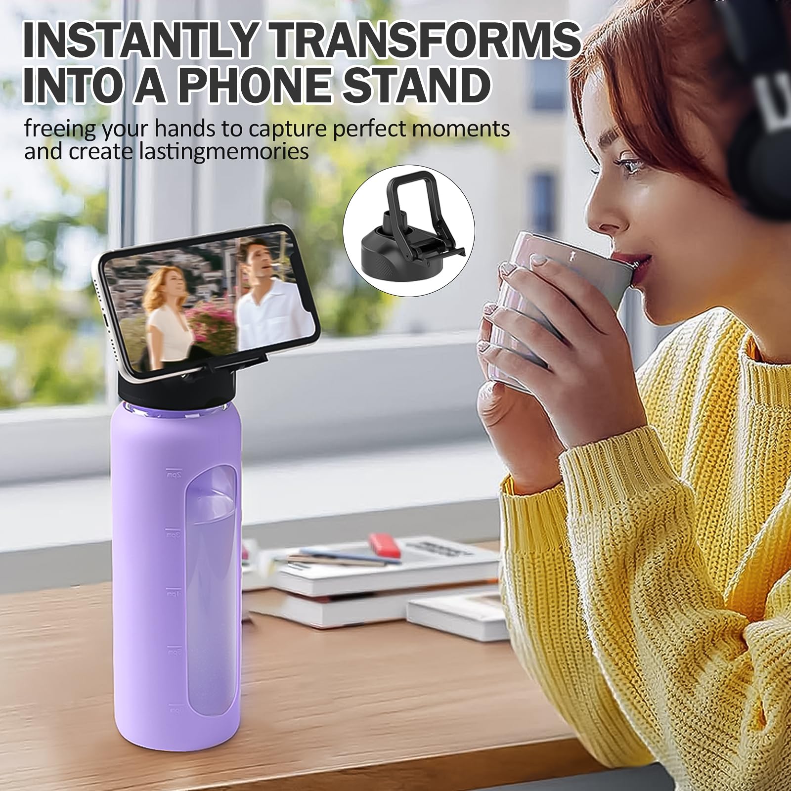 NOLOGLAZIC Glass Water Bottles with Straw -32oz- Water Bottle Phone Holder for Gym Large Motivational Water Bottle with Time Marker Glass Drinking Bottles 2 Lids - Spout & Bamboo Straw Lid(Purple)