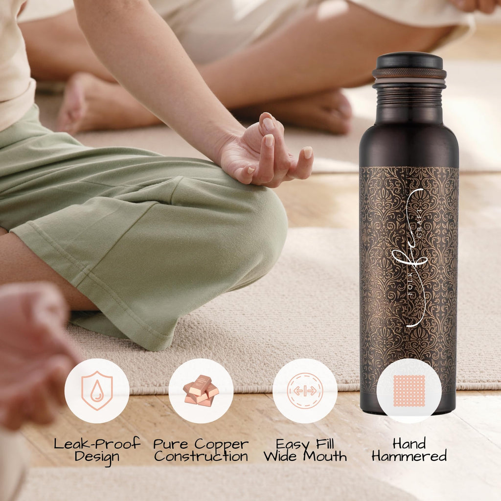 FOLK CRAFT Pure Copper Water Bottle - 32 oz - Indian Handmade Copper Bottle for Drinking Water at Travel Hiking Gym Office Outdoor - Hammered