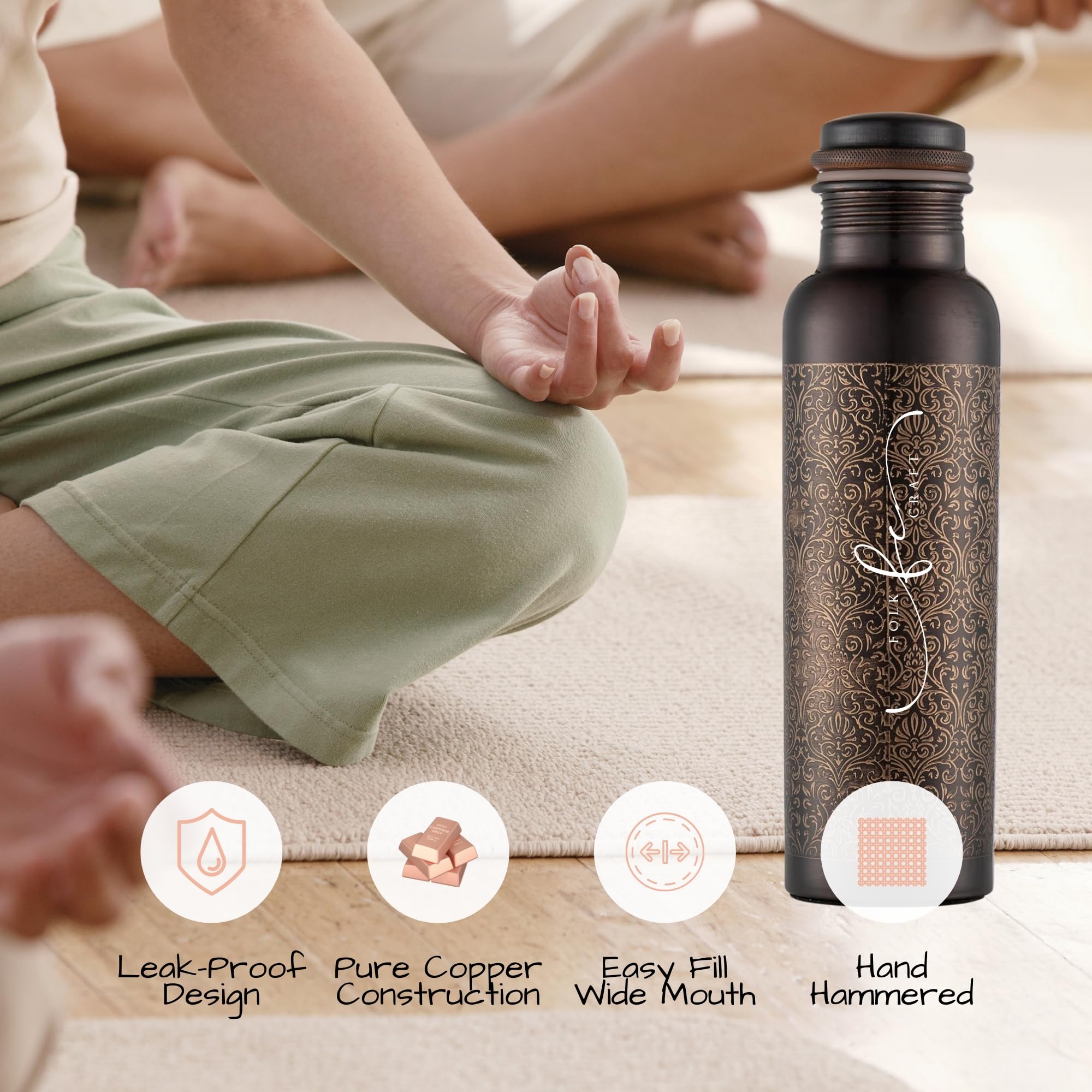 FOLK CRAFT Pure Copper Water Bottle - 32 oz - Indian Handmade Copper Bottle for Drinking Water at Travel Hiking Gym Office Outdoor - Hammered