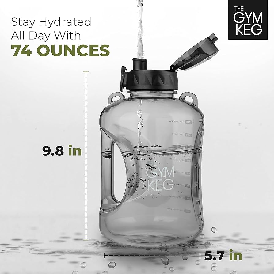 THE GYM KEG Half Gallon Water Bottle (74oz) | Gym Bottle with Straw Lid Carry Strap Motivational Time Markings | Sport Water Bottles with Times to Drink Large Reusable Bottle Leakproof & BPA-free