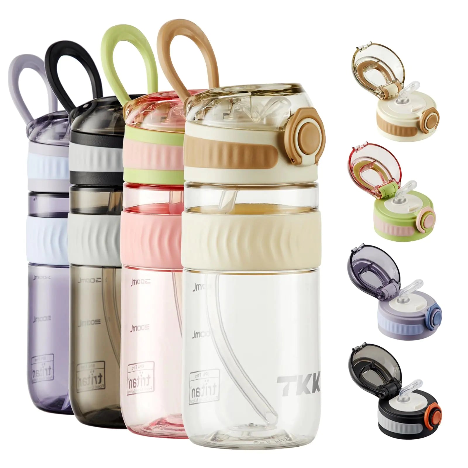 TKK 18oz Kids Water Bottles with Straw Lid & Carry Handle Pop Button BPA Free Leak Proof Water Bottle for School Beige