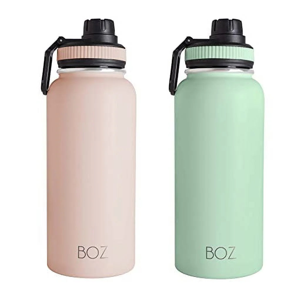 BOZ Stainless Steel Water Bottles 2 Pack Bundle - Pink Water Bottle + Green Water Bottle - Vaccum Insulated Water Bottles 32 Oz - Wide Mouth BPA Free Sport Water Bottles for Gym with Spout Lid