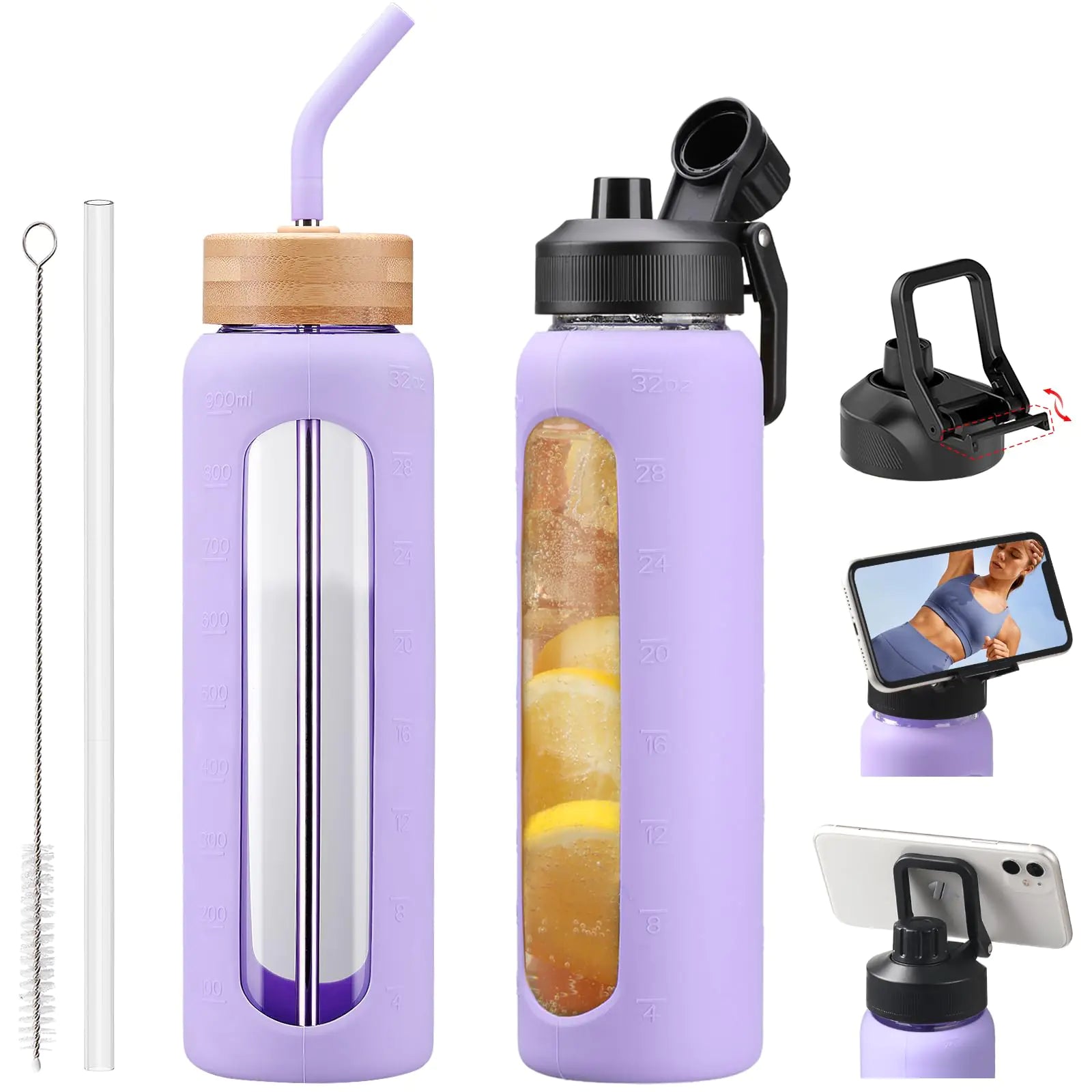 NOLOGLAZIC Glass Water Bottles with Straw -32oz- Water Bottle Phone Holder for Gym Large Motivational Water Bottle with Time Marker Glass Drinking Bottles 2 Lids - Spout & Bamboo Straw Lid(Purple)