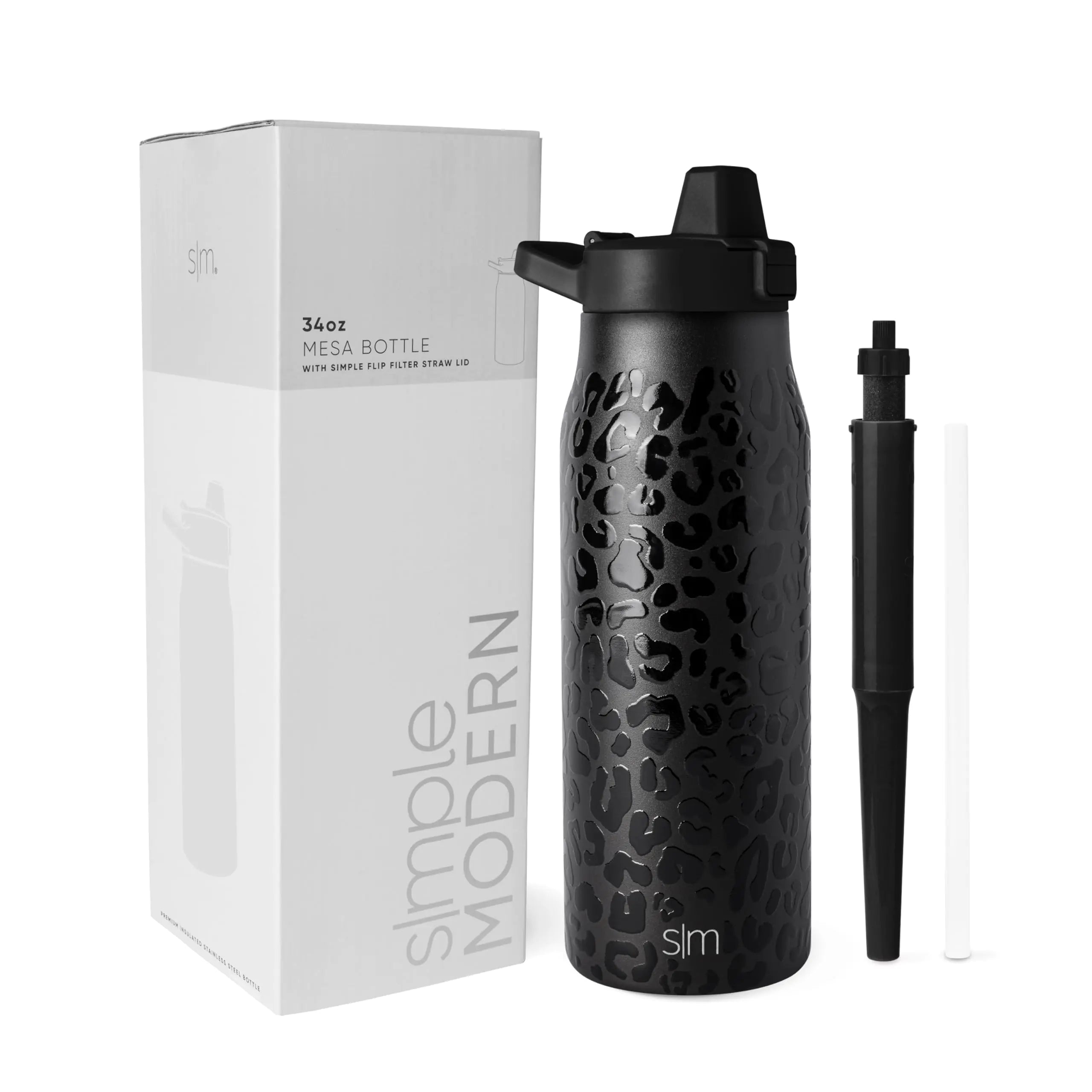 Simple Modern Filtered Water Bottle | Insulated Stainless-Steel Carbon Filter Travel Water Bottles | Reusable for Clean Drinking Water On The Go | 34oz Black Leopard