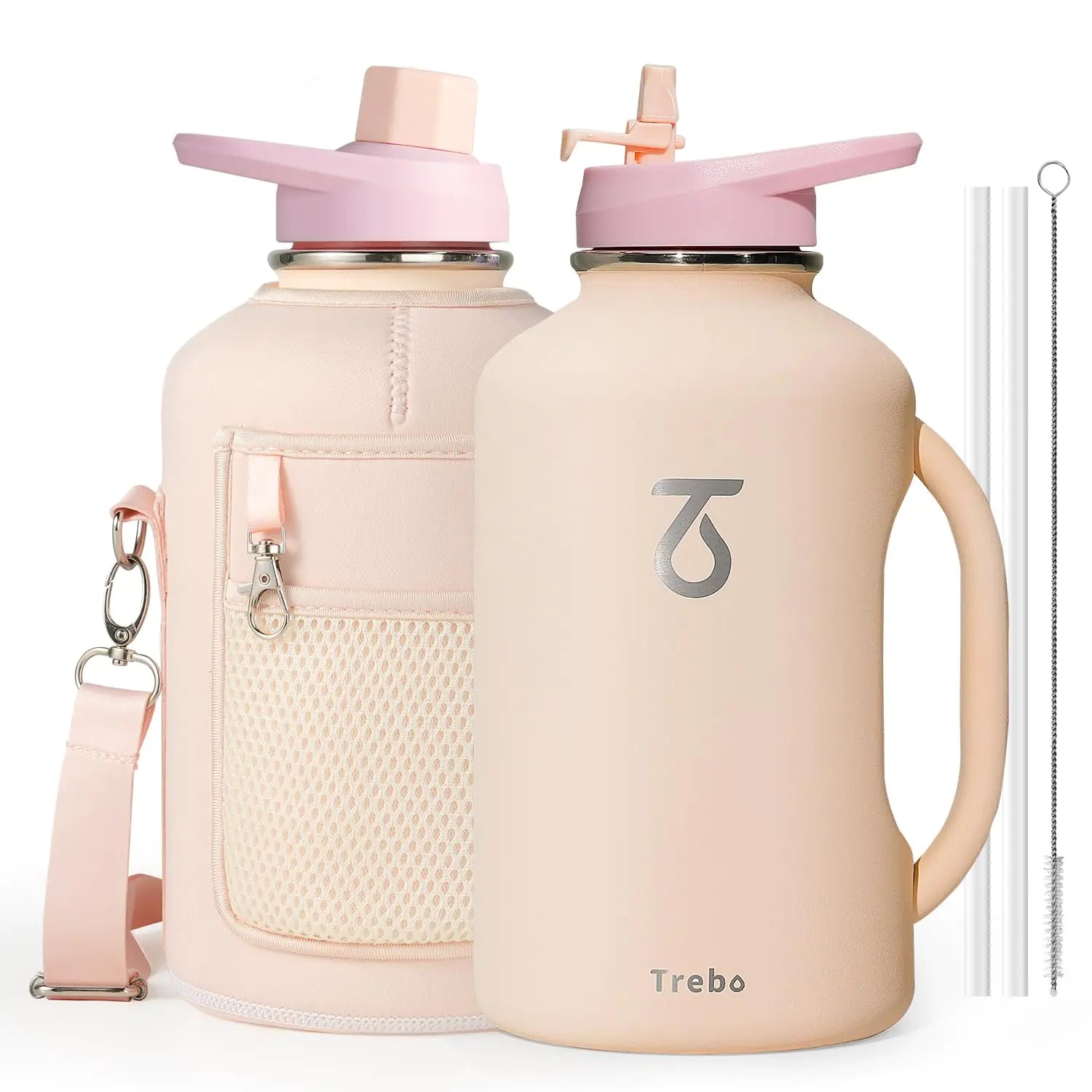 Trebo Half Gallon Water Bottle Insulated 64oz with HandleDouble Wall Vacuum Large Water JugStainless Steel Water Bottle FlaskGym Water Bottles For Men with Straw Spout Lids StrapNude Pink