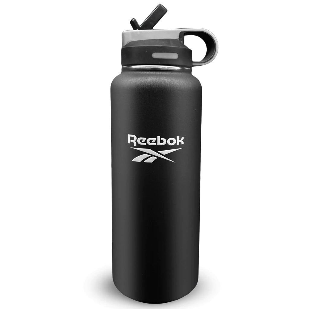 Reebok Stainless Steel Water Bottle With Straw & Lifestyle Design - Insulated Water Bottles 40 oz - Double Wall Vacuum Insulated Sports Water Bottle With Straw BPA Free (Black)