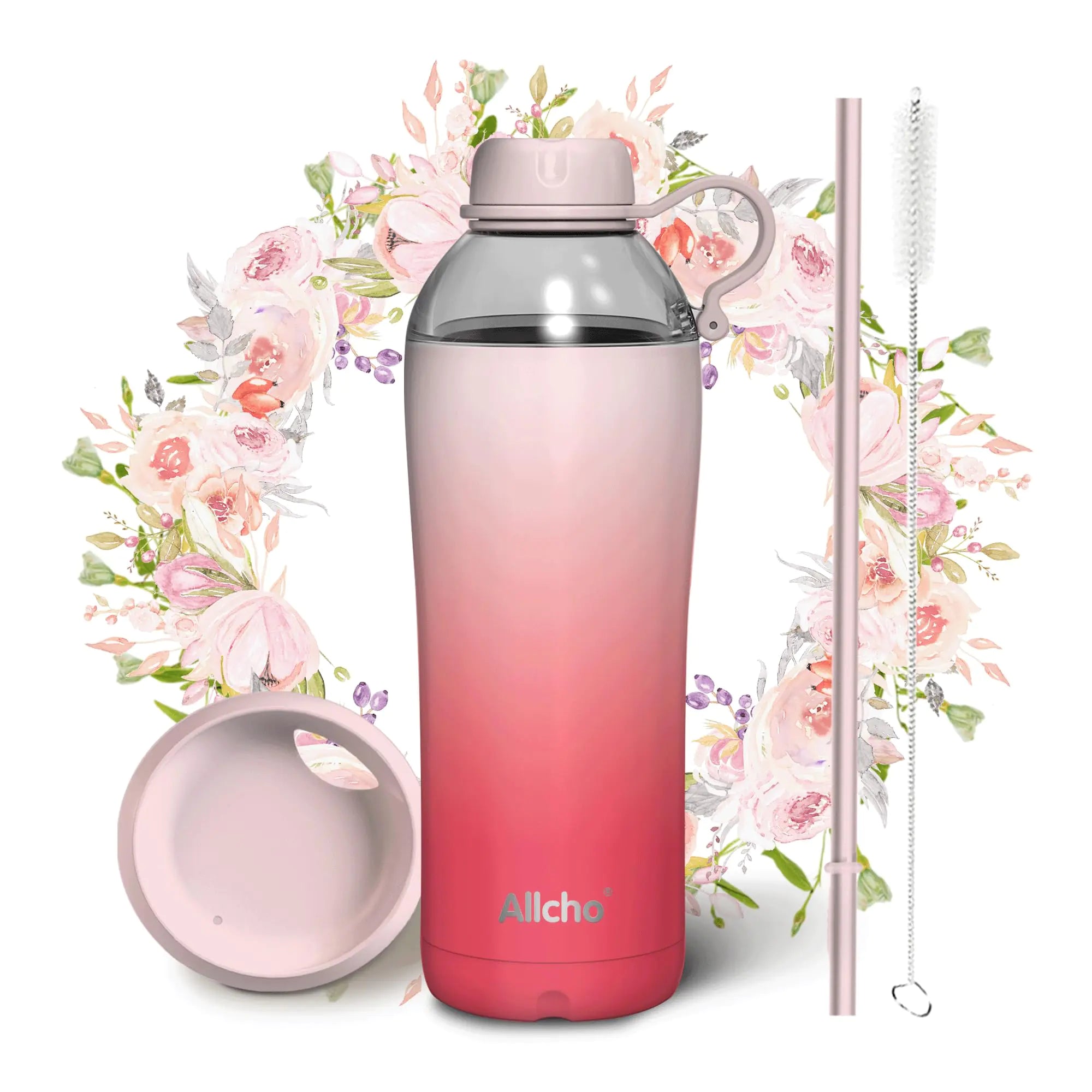 Allcho Insulated Water Bottle for Women 18 oz Stainless Steel Water Bottles Double Walled 2 Lids (Chug & Tumbler) - Hydrate & Caffeinate Gifts