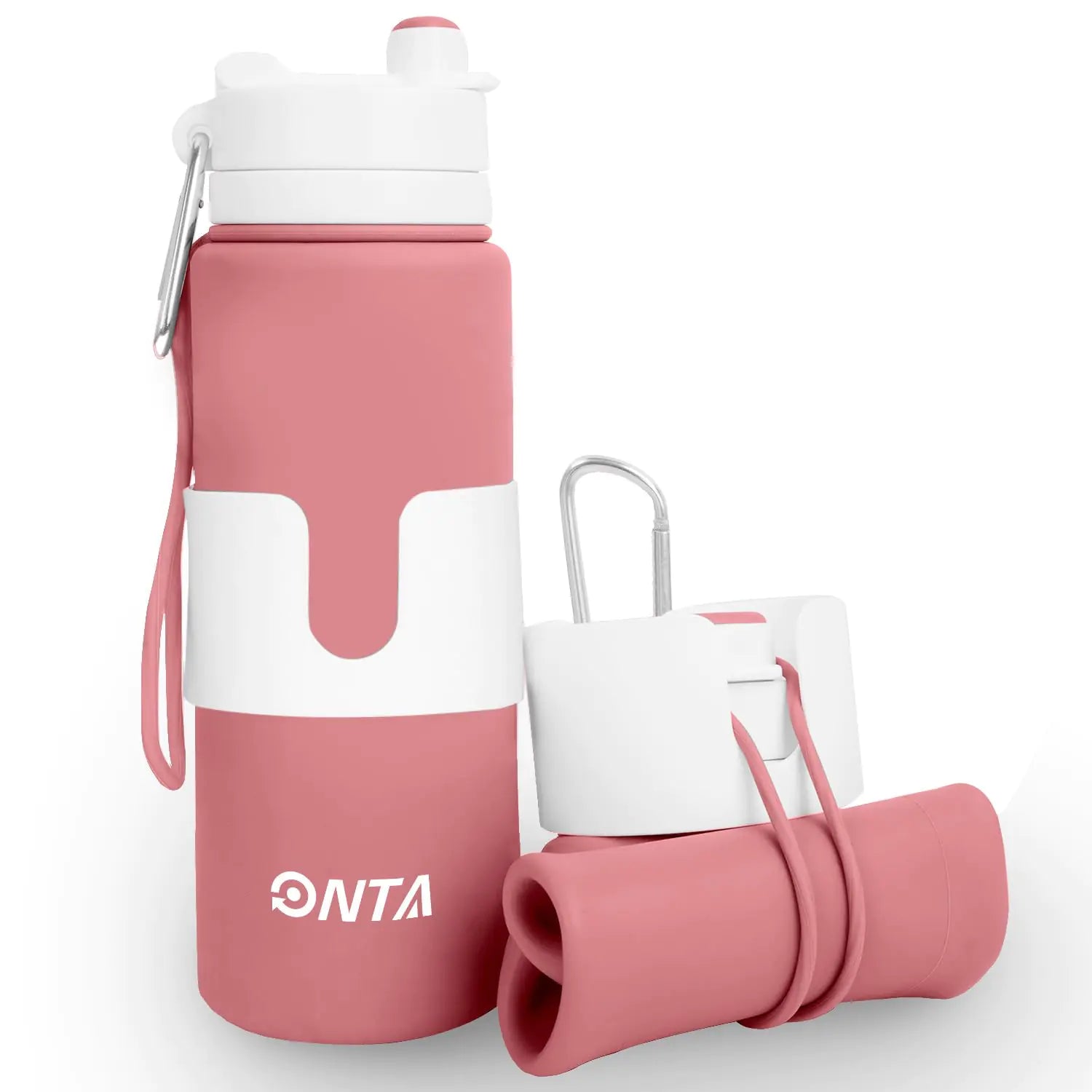 ONTA Collapsible Water Bottles 26oz Leak Proof BPA-Free Foldable Silicone Travel Water Bottle with Strap for Cycling Hiking Outdoors Pink