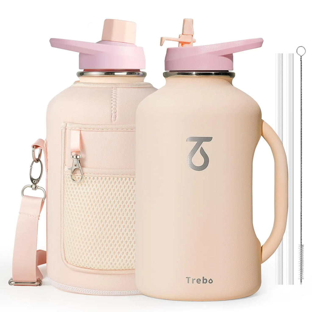 Trebo Half Gallon Water Bottle Insulated 64oz with HandleDouble Wall Vacuum Large Water JugStainless Steel Water Bottle FlaskGym Water Bottles For Men with Straw Spout Lids StrapNude Pink