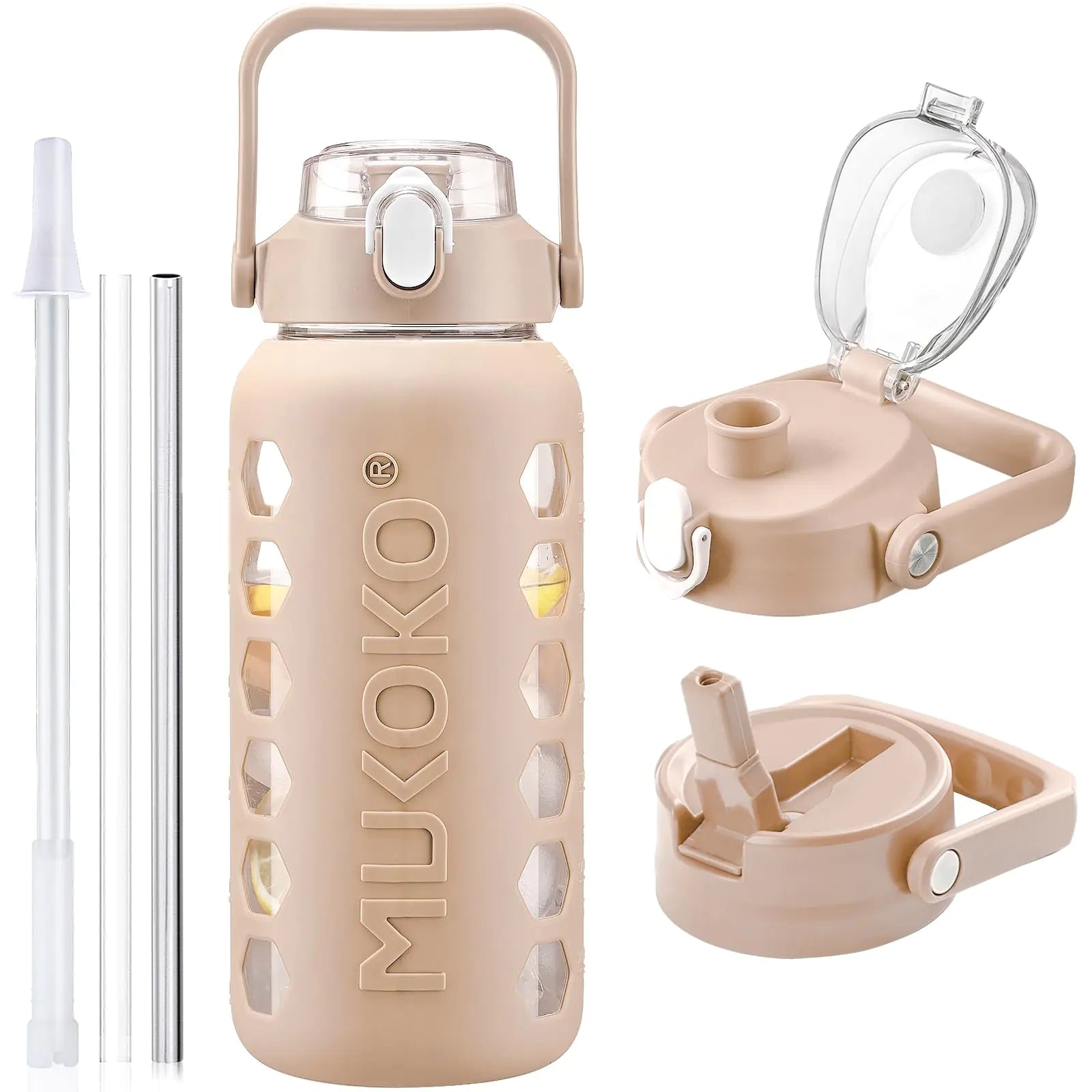 MUKOKO Glass Water Bottles 64oz with 2 Lids Half Gallon Water Bottle with Straws and Measurements 2L Sports Water Jug with Silicone Sleeve Leakproof Light Amber