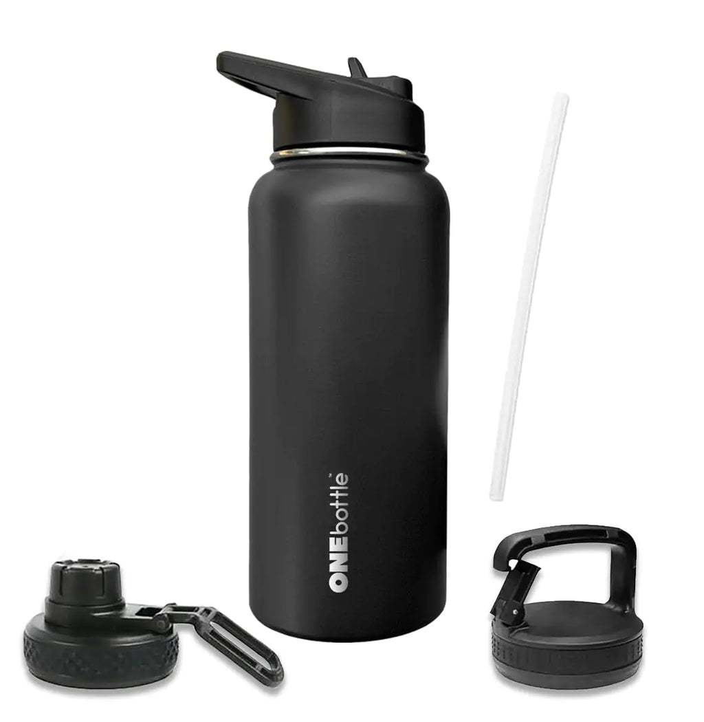 Triple Insulated Water Bottle - Includes 3 Lids (Straw Lid Spout Carabiner) Leakproof - 32 oz Water Bottles Black 1 liter metal water bottle - by ONEbottle