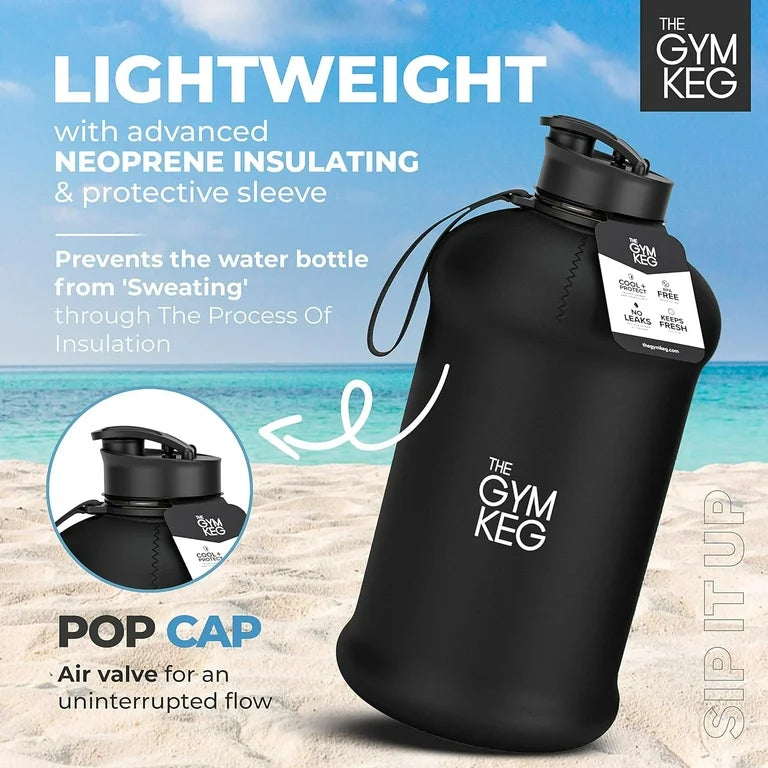 THE GYM KEG Half Gallon Water Bottle (74oz) | Gym Bottle with Straw Lid Carry Strap Motivational Time Markings | Sport Water Bottles with Times to Drink Large Reusable Bottle Leakproof & BPA-free
