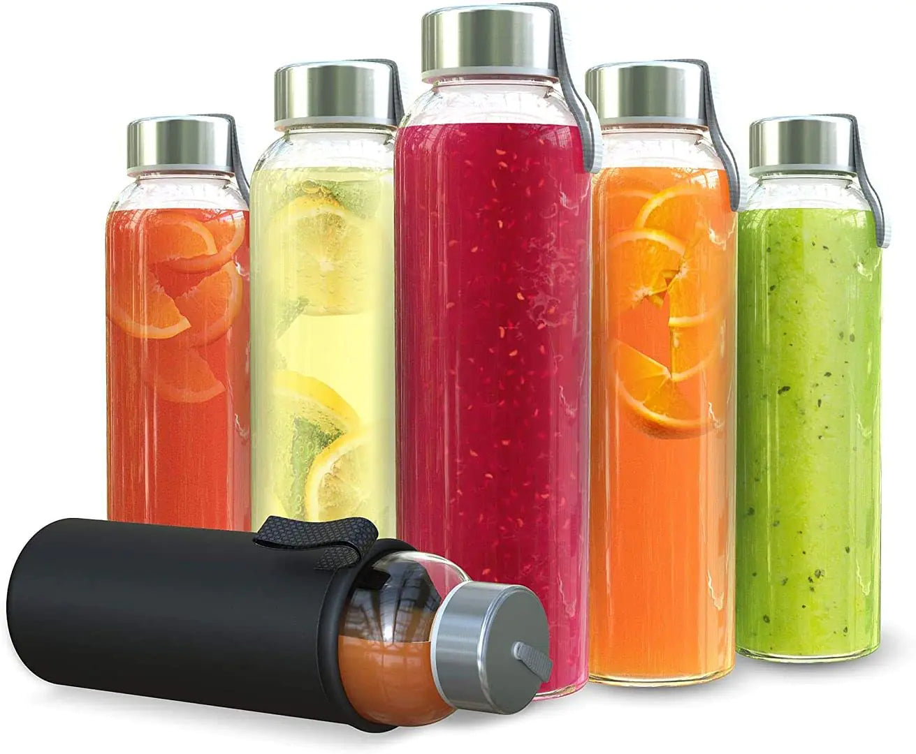Chefs Star 18 Oz Clear Glass Water Bottles Reusable Glass Juicing Bottles with Protection Sleeve and Stainless Steel Leak Proof Lids Set of 6