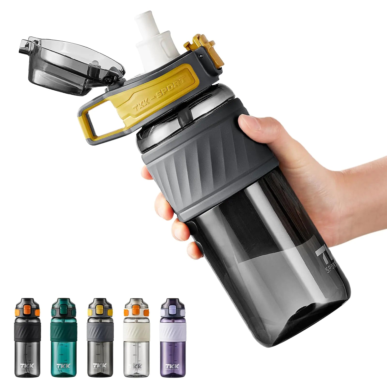 TKK 20oz Sports Water Bottles with Removable Straw Durable BPA Free Tritan Bottles Leak-Proof Water Bottles for School Fitness Gym Outdoor Grey