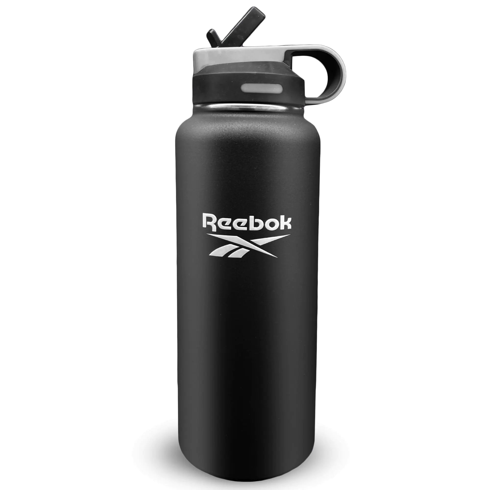 Reebok Stainless Steel Water Bottle With Straw & Lifestyle Design - Insulated Water Bottles 40 oz - Double Wall Vacuum Insulated Sports Water Bottle With Straw BPA Free (Black)