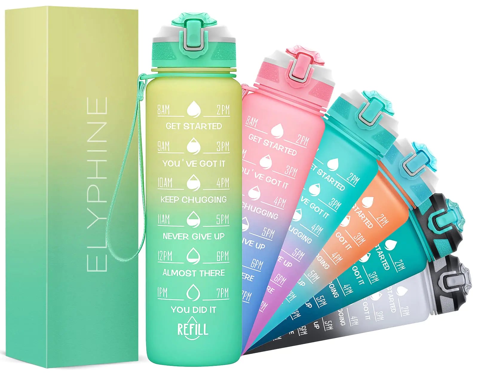 ELYPHINE 32/24 oz Water Bottles with Removable Straw & Time Marker Motivational Sports Bottles with BPA Free Tritan Material Leakproof Water Jug for Fitness