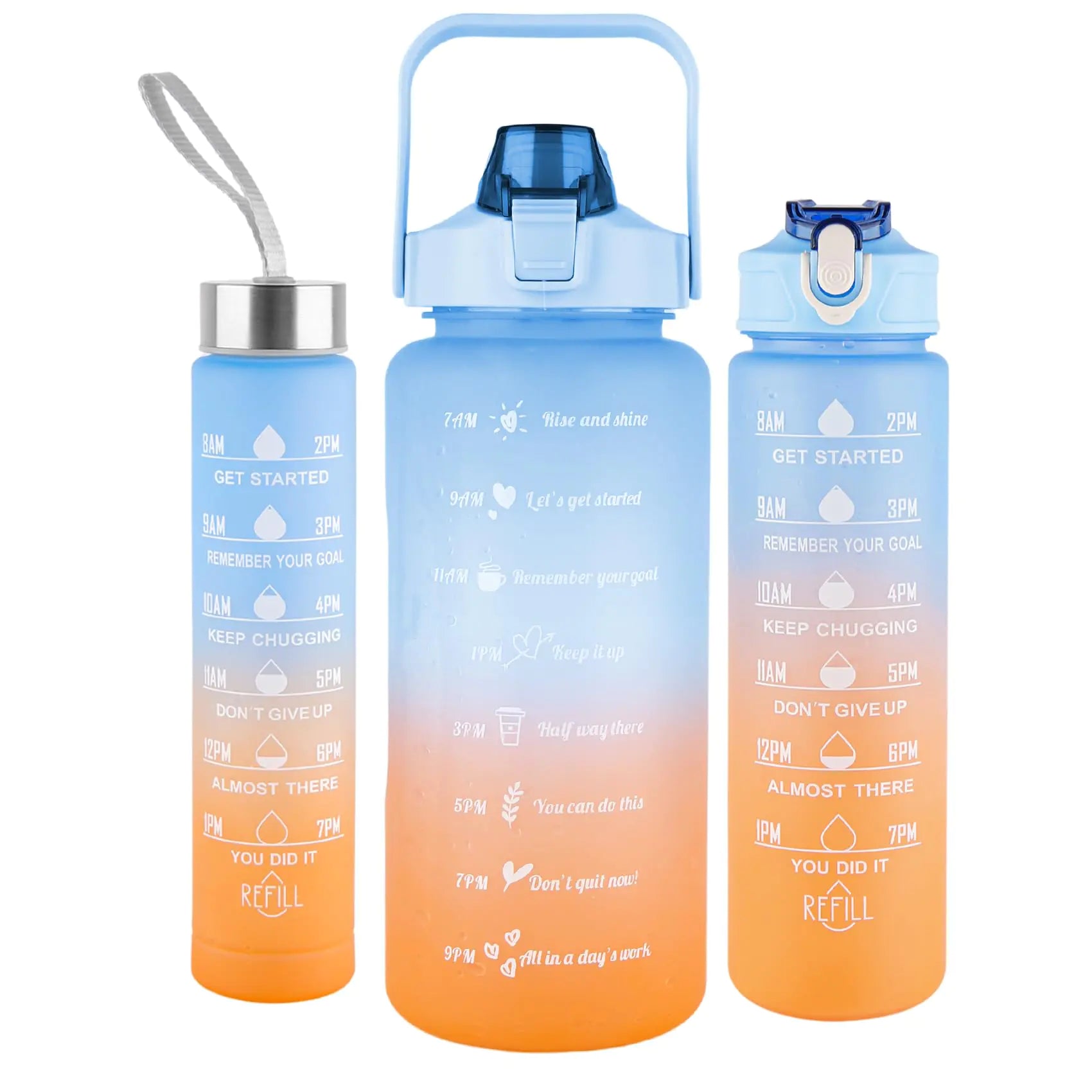 Boeetech 3 PCS Water Bottles With Straw 10oz 32oz 64oz Motivational Sport Water Bottles with Time Maker BPA Free Leakproof Half Gallon 2L Water Jugs