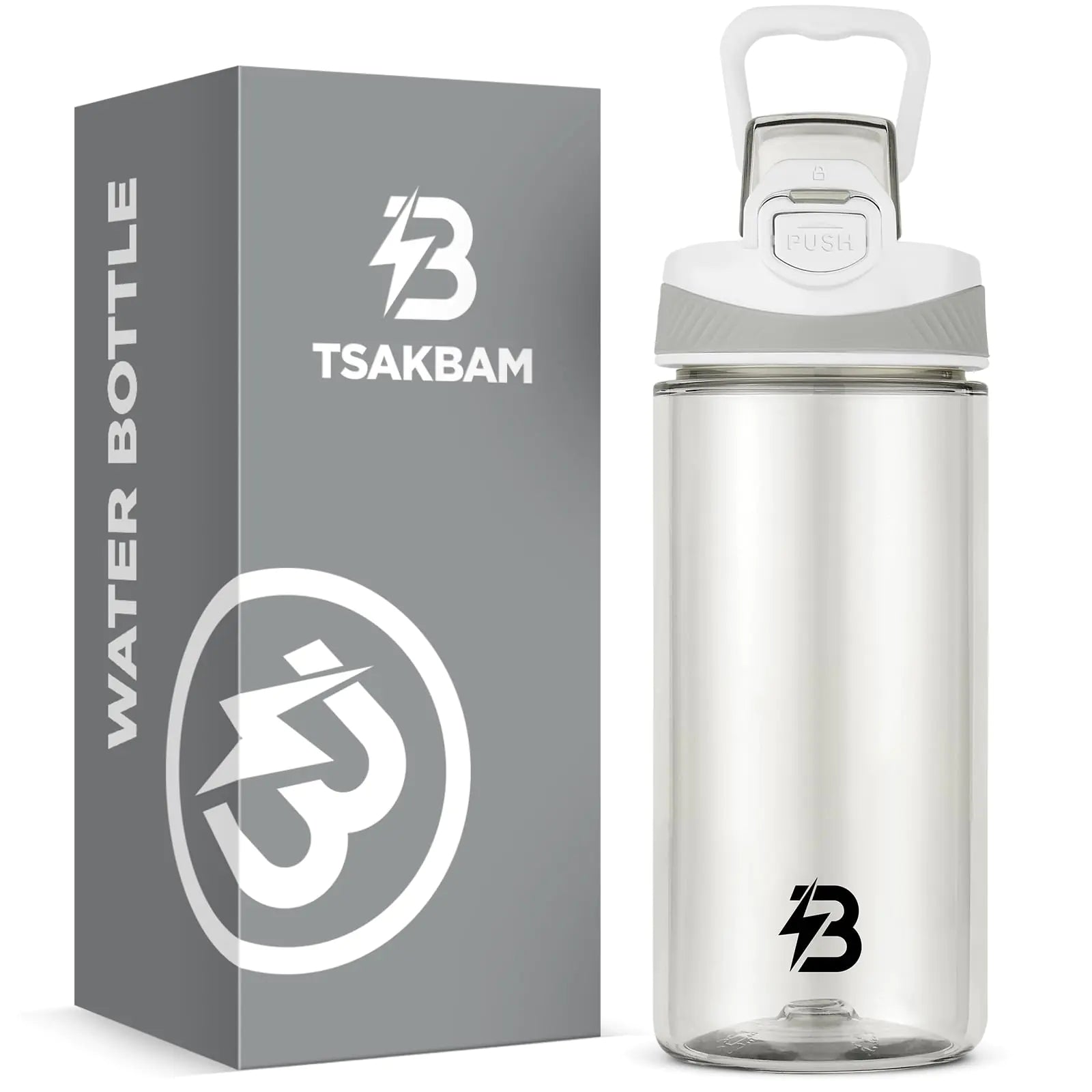 TSAKBAM Clear Water Bottle 16 oz Leak-Proof Plastic Water Bottles with Flip Top Lid and Handle for Sports (White)